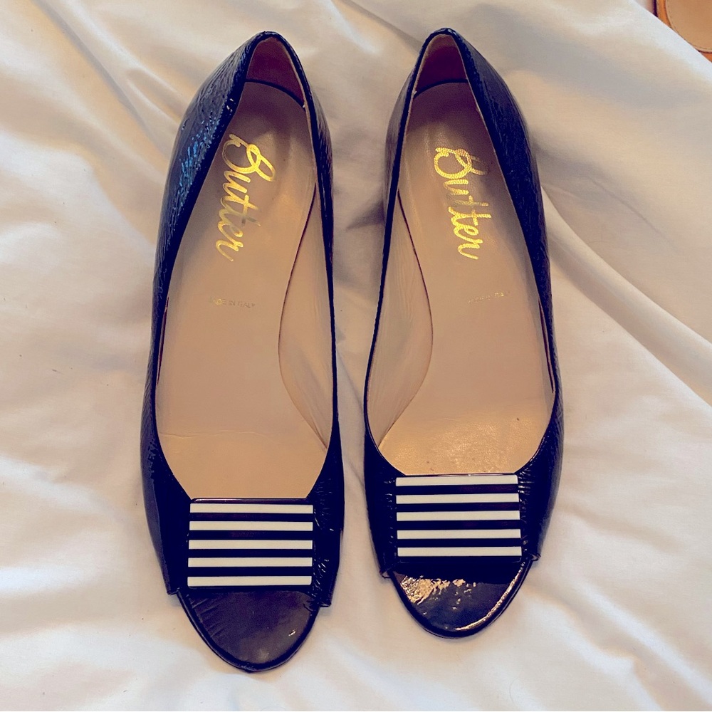 Butter Black Peep Toe Slip-On Shoe with Black and White Stripe Ornamentation S10